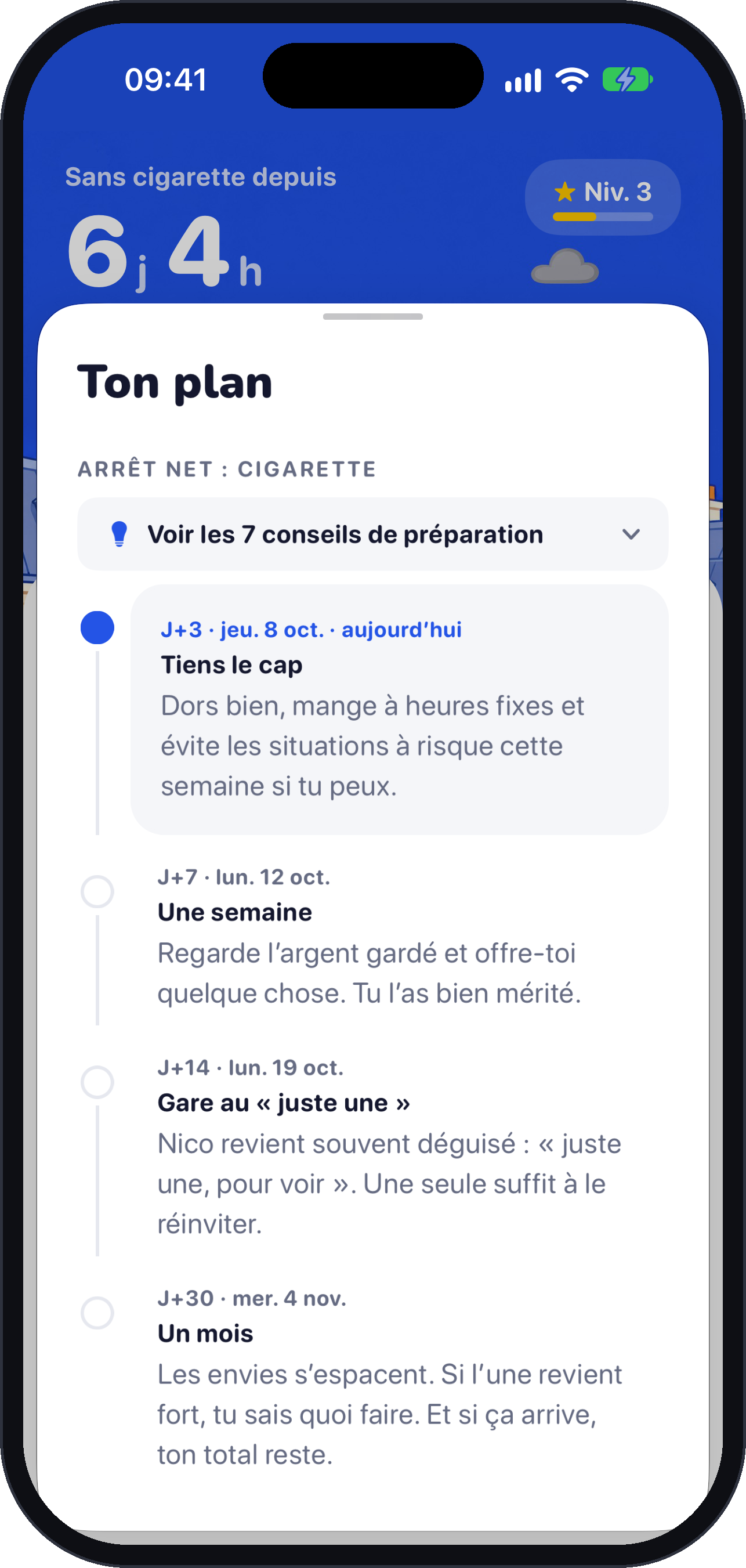 Ton plan d’arrêt, étape par étape : J+3, une semaine, J+14, un mois.